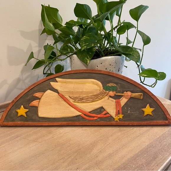 Wooden Folk Art angel relief carving, Wall art, Vintage hand carved relief, 1980